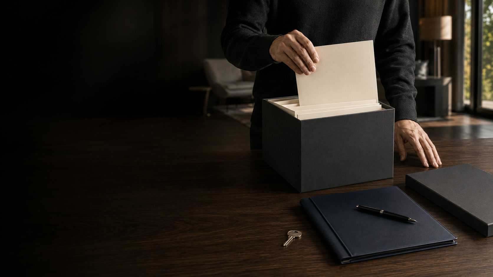 Hands calmly placing documents into a single box